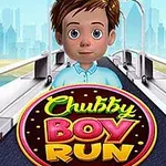 Egy rajzolt fiú áll a futópadon, miközben a háttérben egy város sziluettje látható, és a Chubby Boy Run felirat a képen látható