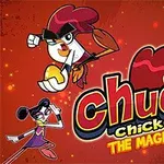 Három rajzfilmfigura egy piros háttér előtt, középen a Chuck Chicken The Magic Egg felirattal