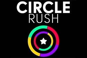 A fekete háttér előtt színes gyűrűk és egy fehér csillag látható középen, felül nagy betűkkel a CIRCLE RUSH felirat olvasható