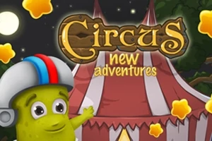 Egy zöld karakter sisakot visel egy piros-fehér cirkuszi sátor előtt, csillagokkal és a Circus new adventures felirattal
