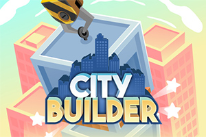 Rakodódaru lebeg egy épület felett, háttérben színes felhőkarcolók, CITY BUILDER felirattal