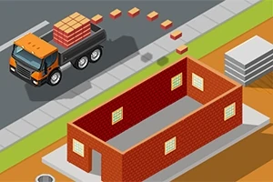 Egy teherautó téglákat szállít egy részben épített téglaház mellett, aszfaltozott úton