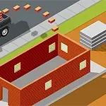 Egy teherautó téglákat szállít egy részben épített téglaház mellett, aszfaltozott úton