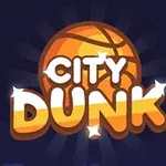 Kosárlabda motívummal díszített City Dunk felirat sötét háttér előtt, csillogó hatású betűkkel