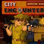 Rajzfilmszerű rendőr fegyverrel, sötét városi háttérrel