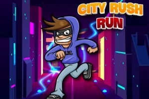 Egy kapucnis pulcsit viselő rajzfilmfigura fut a neonfényes városi háttér előtt, City Rush Run felirattal