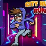 Egy kapucnis pulcsit viselő rajzfilmfigura fut a neonfényes városi háttér előtt, City Rush Run felirattal