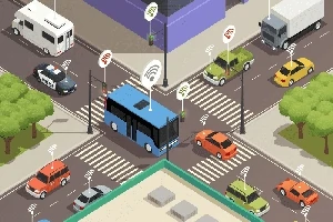 Egy városi kereszteződés madártávlatból, ahol autók és egy busz közlekedik, körülvéve zöld parkos területekkel, mind Wi-Fi jelekkel