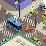 Egy városi kereszteződés madártávlatból, ahol autók és egy busz közlekedik, körülvéve zöld parkos területekkel, mind Wi-Fi jelekkel