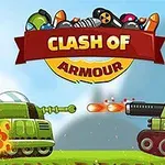 Két tank tüzel egymásra egy színes rajzolt háttér előtt, felettük Clash of Armour felirat egy díszes emblémában