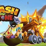 Rajzfilmszerű ágyú és karakterek egy robbanás közepette, a Clash of Stone felirattal
