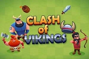 Rajzolt viking harcosok baltával és íjjal, valamint sisak, kard és hordó a zöld háttér előtt a Clash of Vikings felirat körül