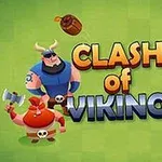 Rajzolt viking harcosok baltával és íjjal, valamint sisak, kard és hordó a zöld háttér előtt a Clash of Vikings felirat körül