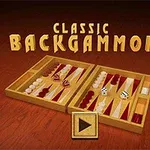 Egy megnyitott backgammon tábla látható piros és fehér bábukkal, két dobókockával és egy játékgombbal a közepén