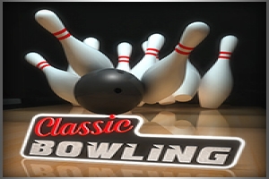Fekete bowlinggolyó ütközik fehér bábu sorral, alatta Classic Bowling felirattal