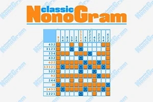 Egy kék és narancssárga színű rácsos rejtvény megoldott cellákkal, a tetején Classic Nonogram felirattal