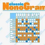 Egy kék és narancssárga színű rácsos rejtvény megoldott cellákkal, a tetején Classic Nonogram felirattal
