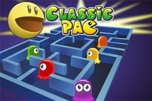 Egy sárga, mosolygós arc figura labirintus mellett, ahol színes, szemmel rendelkező szellemek láthatók kék háttérrel, Classic Pac felirattal