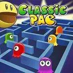 Egy sárga, mosolygós arc figura labirintus mellett, ahol színes, szemmel rendelkező szellemek láthatók kék háttérrel, Classic Pac felirattal
