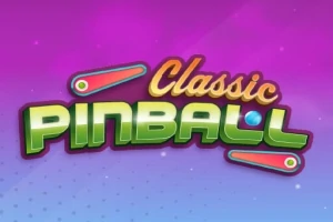 Színes “Classic Pinball” felirat élénk, lila-rózsaszín háttérrel és flipperkarokkal