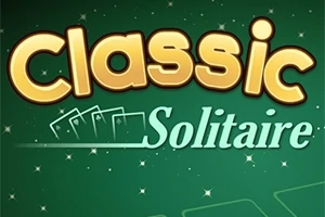 Zöld háttéren a Classic Solitaire felirat, csillagokkal díszítve, kis kártyaábrákkal