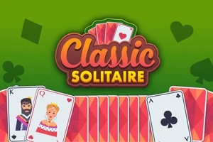 Kártyalapok piros hátlappal, király és dáma kártyaképekkel, zöld háttér előtt a Classic Solitaire felirattal