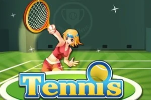 Egy rajzolt női teniszjátékos piros ruhában, teniszütővel egy zöld teniszpályán, alul Tennis felirattal