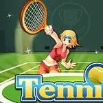 Egy rajzolt női teniszjátékos piros ruhában, teniszütővel egy zöld teniszpályán, alul Tennis felirattal