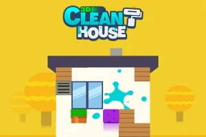 Rajzolt ház színes hátsó fallal és 3D Clean House felirattal, élénk sárga háttérrel