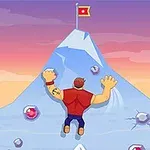 Egy rajzfilmes figura mászik fel egy sziklás hegyre, amelynek tetején egy piros zászló található