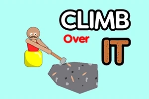 Egy karakter vízzel teli tartályban, kalapáccsal próbál megmászni egy sziklát, mellette a Climb Over It felirat látható