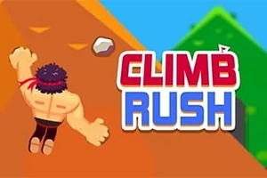 Egy izmos, piros fejpántos karakter mászik egy hegyre, mellette pedig a CLIMB RUSH felirat látható