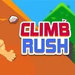 Egy izmos, piros fejpántos karakter mászik egy hegyre, mellette pedig a CLIMB RUSH felirat látható