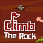 Egy rajzfilmfigura mászik felfelé egy sziklás falra, miközben felette a Climb The Rock felirat látható