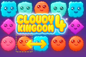 Színes, mosolygó, felhő alakú arcok hátterében a „Cloudy Kingdom 4” felirat, sárga nyíllal, amely cserét jelez