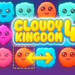 Színes, mosolygó, felhő alakú arcok hátterében a „Cloudy Kingdom 4” felirat, sárga nyíllal, amely cserét jelez