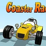 Sárga versenyautó és motorbicikli a Coaster Racer 2 felirat előtt