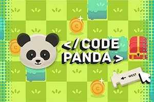 Színes zöld négyzetrácsos háttér, amelyen egy panda fej, érme ikonok, piros kincsesláda és egy nyíl nyugati irányba mutatva látható, valamint a < / CODE PANDA > felirat