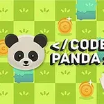 Színes zöld négyzetrácsos háttér, amelyen egy panda fej, érme ikonok, piros kincsesláda és egy nyíl nyugati irányba mutatva látható, valamint a < / CODE PANDA > felirat