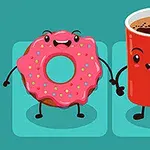 Egy rózsaszín cukormázas fánk és egy vörös kávéscsésze mosolygó arcokkal és kezekkel, türkiz háttérrel