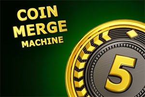 Arany szegélyű érme nagy 5-ös számmal, zöld háttéren „COIN MERGE MACHINE felirattal