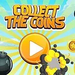 Aranyérmékkel és bombákkal díszített, kék háttéren elhelyezett Collect the Coins felirat középen egy lejátszás gombbal