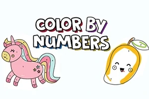 Egy rózsaszín unikornis és egy mosolygó sárga gyümölcs, a „Color by Numbers” felirat alatt