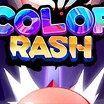 Színes, fényes betűkkel kiírt COLOR RASH szöveg egy kerek, fénylő tárgy fölött, sötét háttér előtt