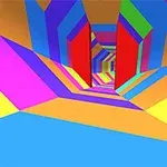 Színes, geometrikus alagút vibráló, szivárványos színekkel és lépcsőzetes mintázattal