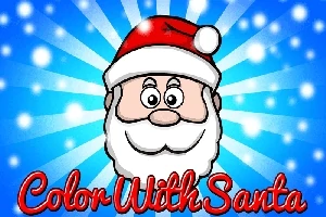 Mikulás vidám arca piros sapkában kék háttér előtt, Color With Santa felirattal
