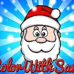 Mikulás vidám arca piros sapkában kék háttér előtt, Color With Santa felirattal