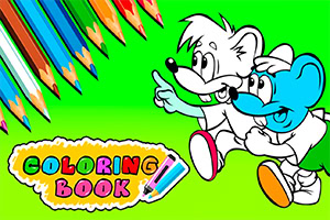 Két rajzfilmfigura egy élénk zöld háttéren, akik színes ceruzákra mutatnak a Coloring Book felirat mellett