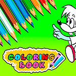 Két rajzfilmfigura egy élénk zöld háttéren, akik színes ceruzákra mutatnak a Coloring Book felirat mellett