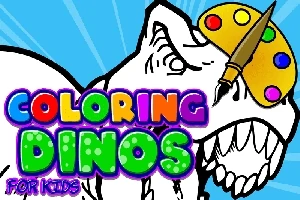 Egy vonalrajzos dinoszaurusz, festőpalettával és ecsettel, háttérben kék sugárzó fényekkel, színes Coloring Dinos for Kids felirattal
